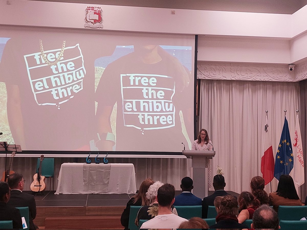 The Human Rights Defenders ceremony in #Malta is starting! @CettaMainwaring & @Daniela_DeBono of @FreeTheEH3 open the event: “Abdalla, Amara & Kader helped save over 100 people from a #pushback to Libya. They were not greeted on our islands as heroes but wrongfully imprisoned.”