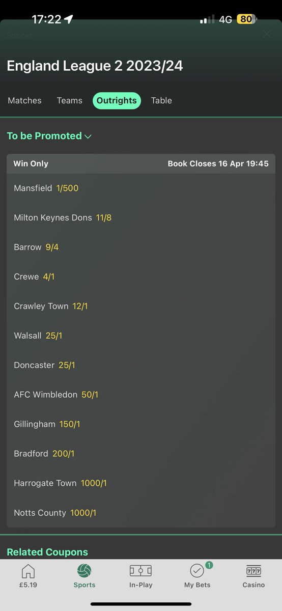 Notts 1000/1 to go up. Savings are on it