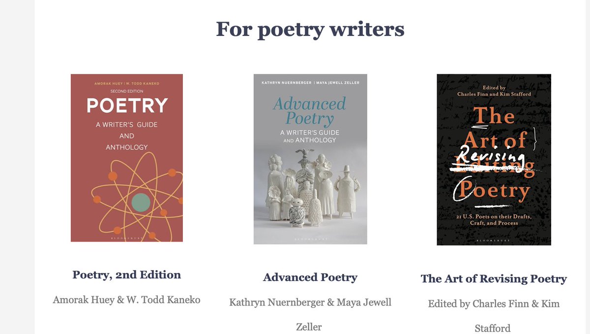 It's APRIL! Thanks to @BloomsburyLit for including the textbook I co-wrote with @KatNuernberger on their recommended list for National Poetry Month! And check out these excellent titles by @amorak & @ToddKaneko & Charles Finn/Kim Stafford!