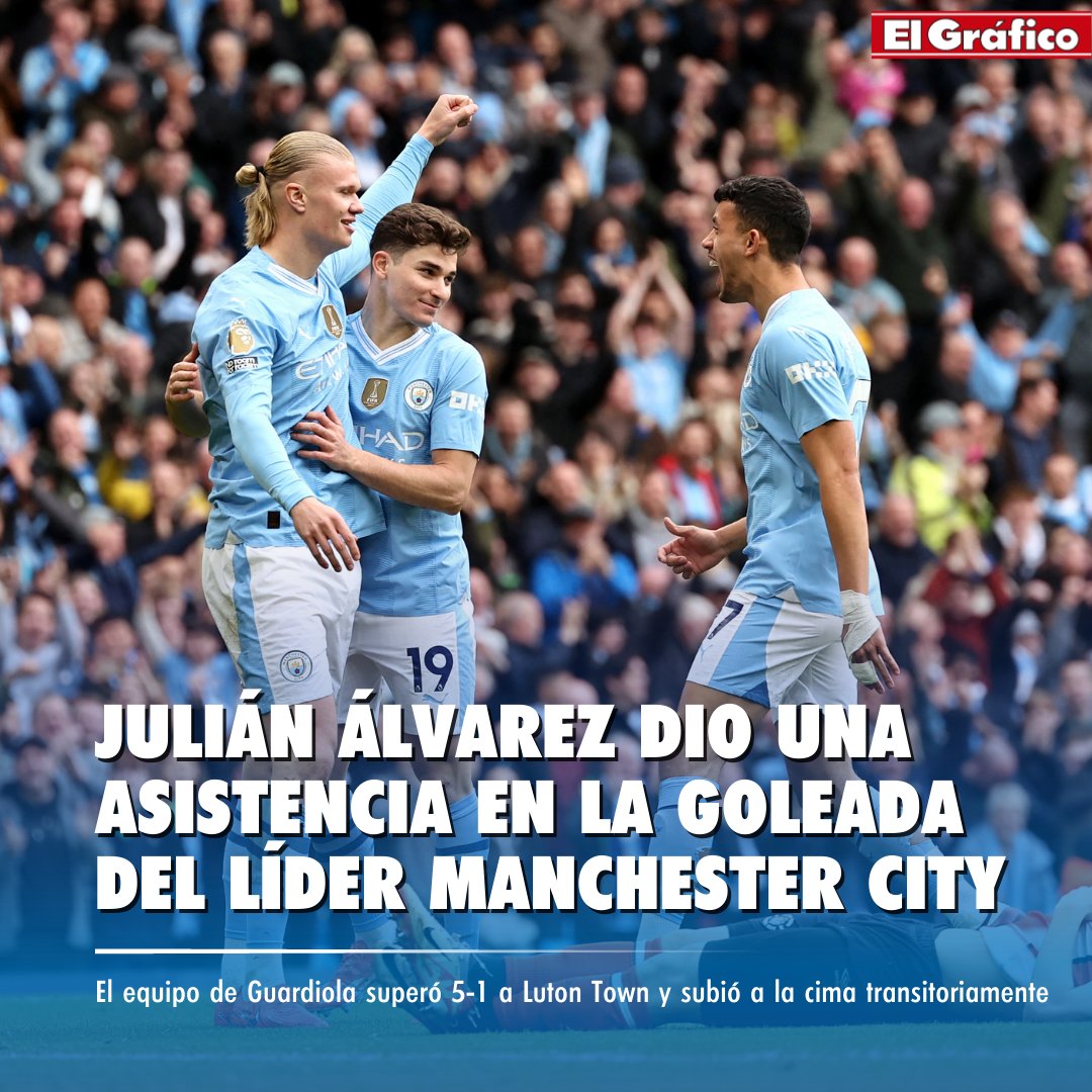 Goleada de Manchester City para subirse a la cima 🔝 ➡️El equipo de Pep Guardiola superó 5-1 a Luton Town con una asistencia de Julián Álvarez, que fue titular, en el gol de Mateo Kovacic. 🏴󠁧󠁢󠁥󠁮󠁧󠁿Los Citizens lideran la Premier League, al menos hasta que jueguen Liverpool y Arsenal.