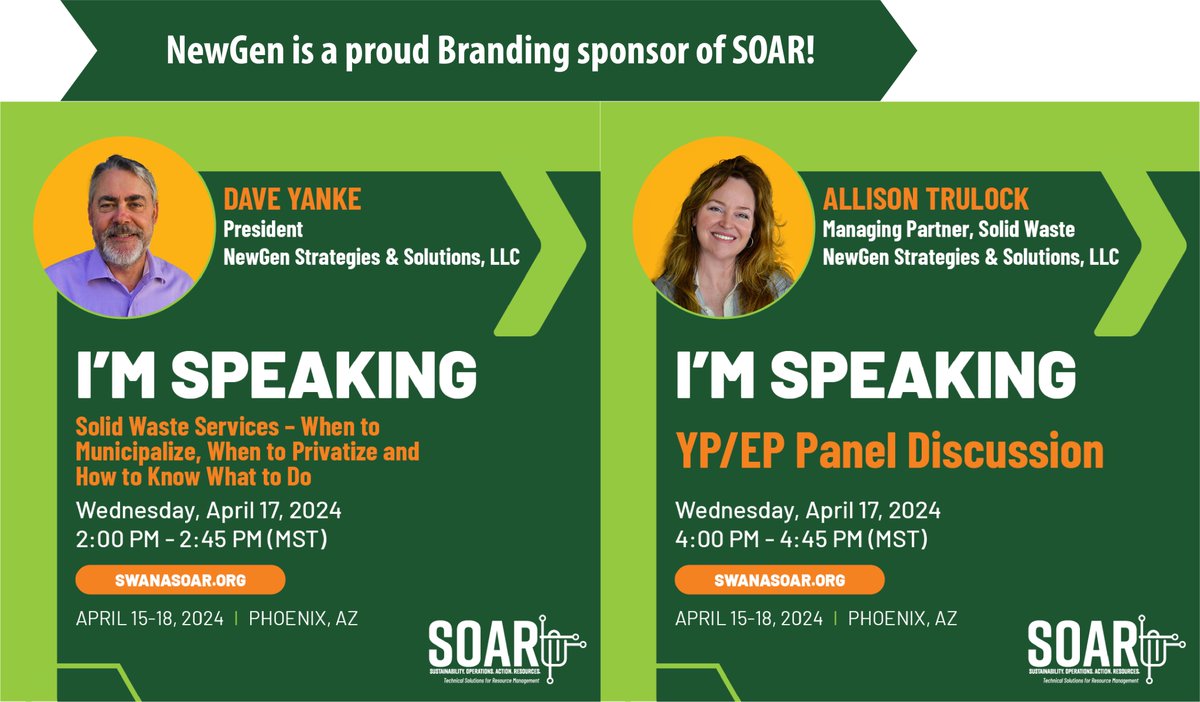 We are proud to have NewGen serve as a sponsor for #SOAR2024! Don’t miss Dave Yanke’s presentation “Solid Waste Services – When to Municipalize, When to Privatize, and How to Know What to Do” on Wednesday, April 17 at 2:00 p.m. Also, join Allison Trulock at the YP/EP Panel…