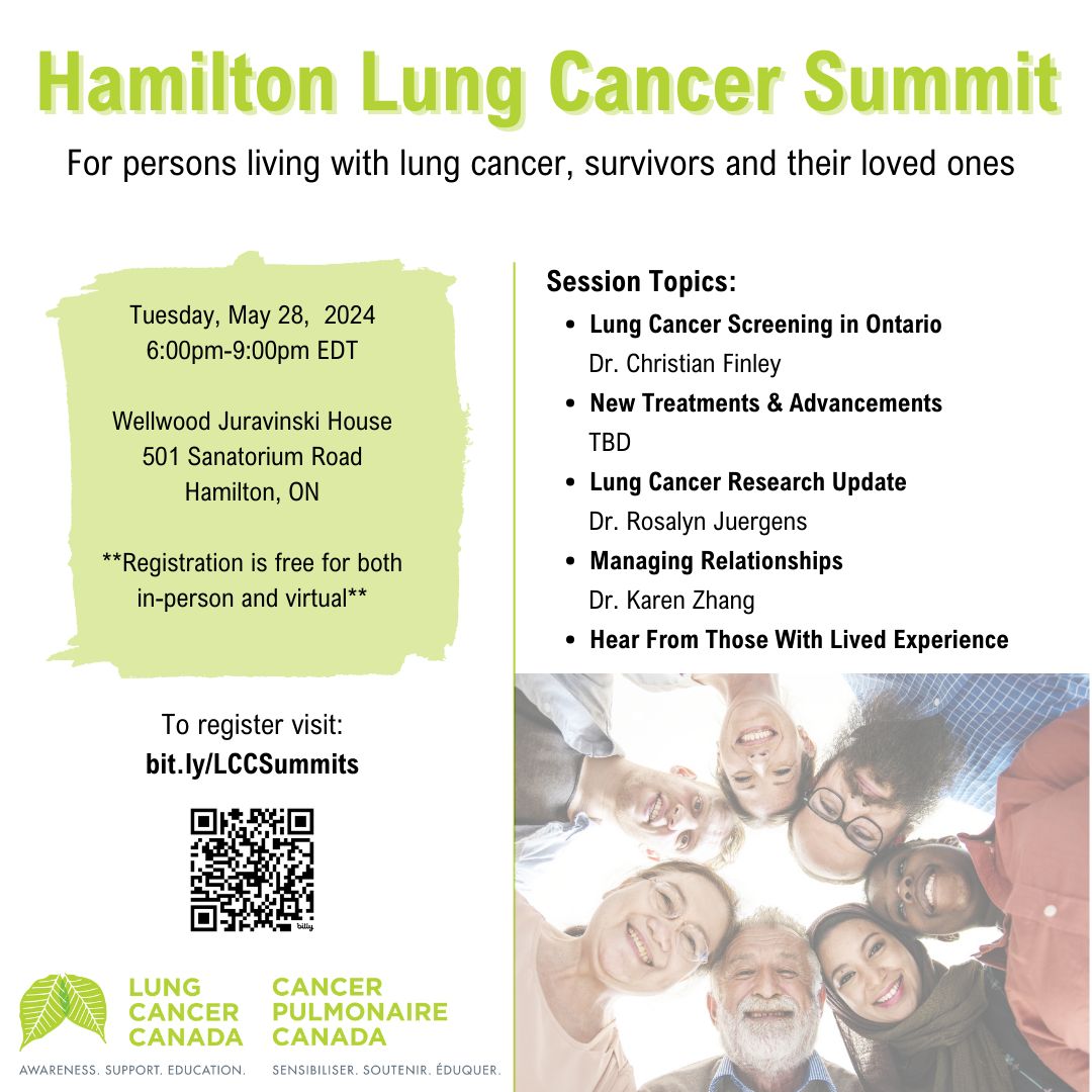 Join us live and virtually on May 28 from 6-9pm for our next Regional Lung Cancer Summit in Hamilton, ON!

Register today at bit.ly/LCCSummits and help us spread the word! Together, we can make a difference and bring hope to those impacted by this disease. #LungCancerSummit