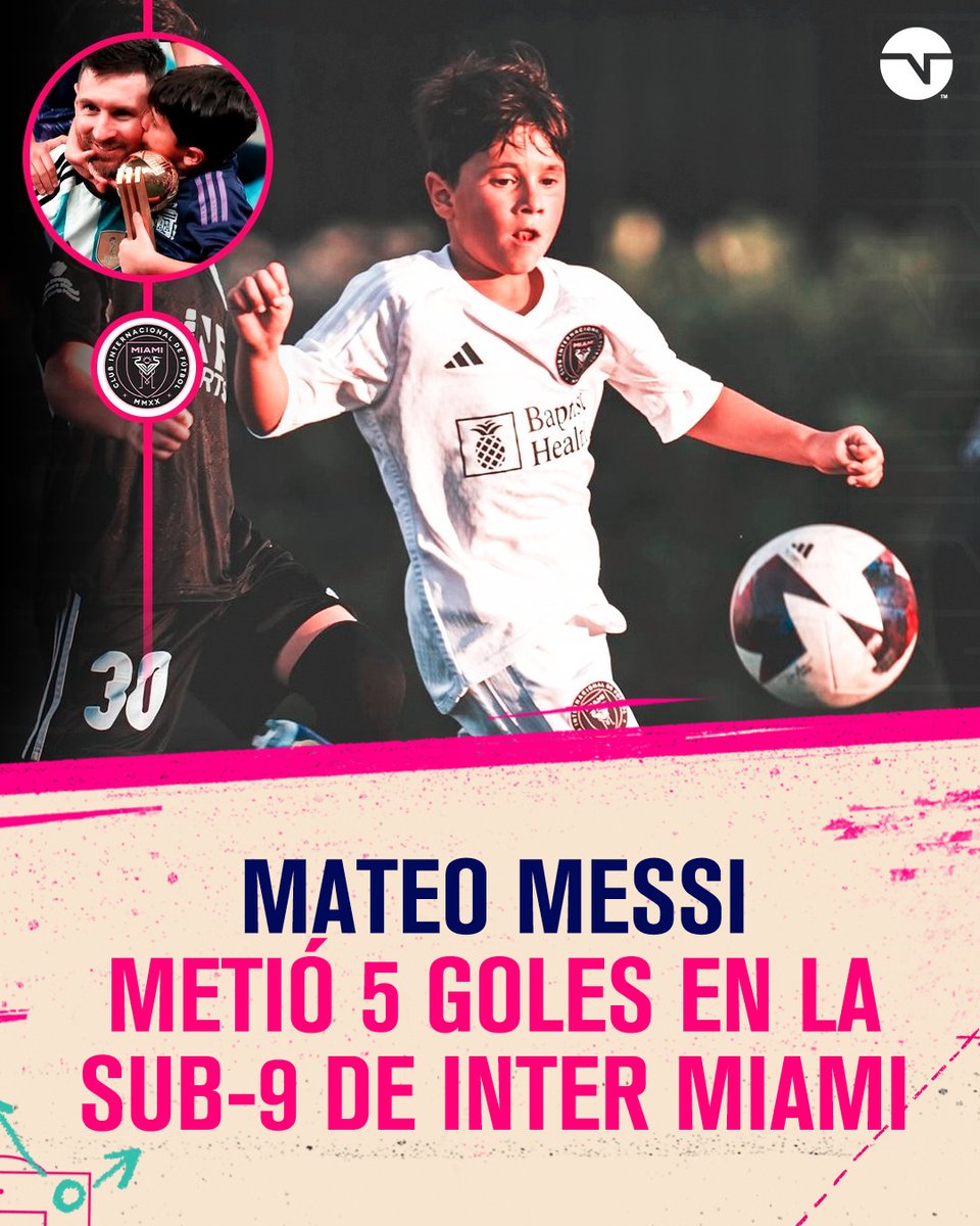 TNTSportsAR's tweet photo. Con la 10 en la espalda al igual que su padre, Mateo Messi metió 𝟱 𝗴𝗼𝗹𝗲𝘀 𝗲𝗻 𝟭 𝗽𝗮𝗿𝘁𝗶𝗱𝗼 con el equipo Sub-9 de Inter Miami 🔟🐐

De tal palo... 🤩 https://t.co/YsuELyQ346