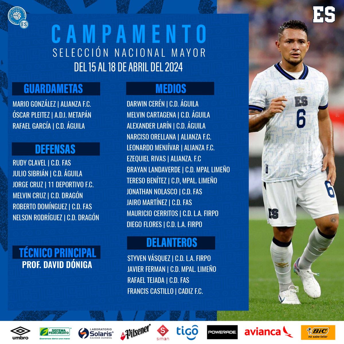 📝🇸🇻 | Selección Nacional Mayor. Jugadores convocados para campamento del 15 del 18 de Abril 2024. #ElSalvador #LaSelecta