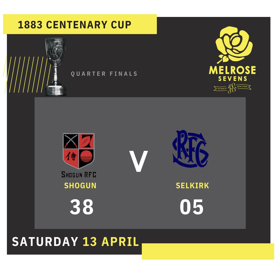 QUARTER FINAL SCORE 

Shogun v Selkirk
38 - 05 

#melrose7s #melroserugby #sevensrugby #scottishrugby