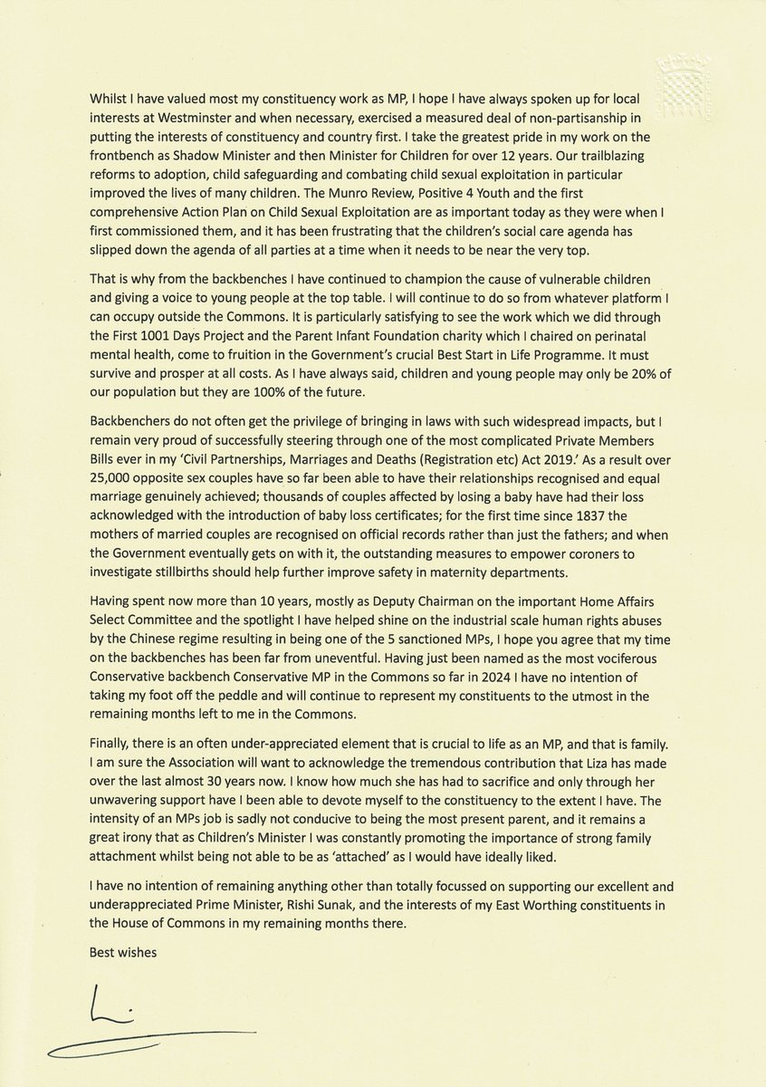 Last night I informed the AGM of the East Worthing & Shoreham Conservative Association that I would not be standing as the Conservative candidate at the next General Election. This is my letter to the Association Chairman.