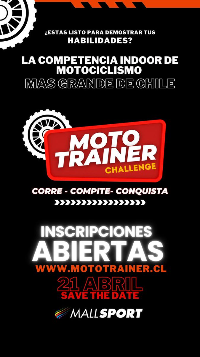 Inscribirte en el Primer Mototrainer Challenge de Chile!!!

Apto para todo piloto

mototrainer.cl sección Eventos!!!

#moto #liquimoly #motorex #mototrainer #mallsport @mallsport #alpinerstar #chile #santiago #carrera #trail #bigtrail #suzuki
