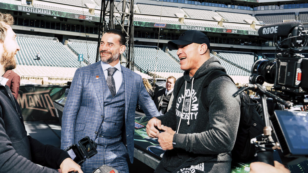 CM Punk and Randy Orton behind the scenes at WrestleMania 40.