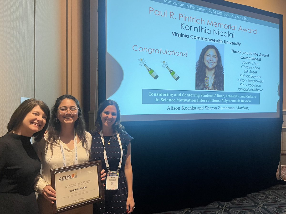 Honored to share I received the @AERA_MotSIG 2024 Pintrich Award for graduate student research! Big shout out to my coauthors and thought partners @AKoenka @DestiniBraxton @Margaretkwall!