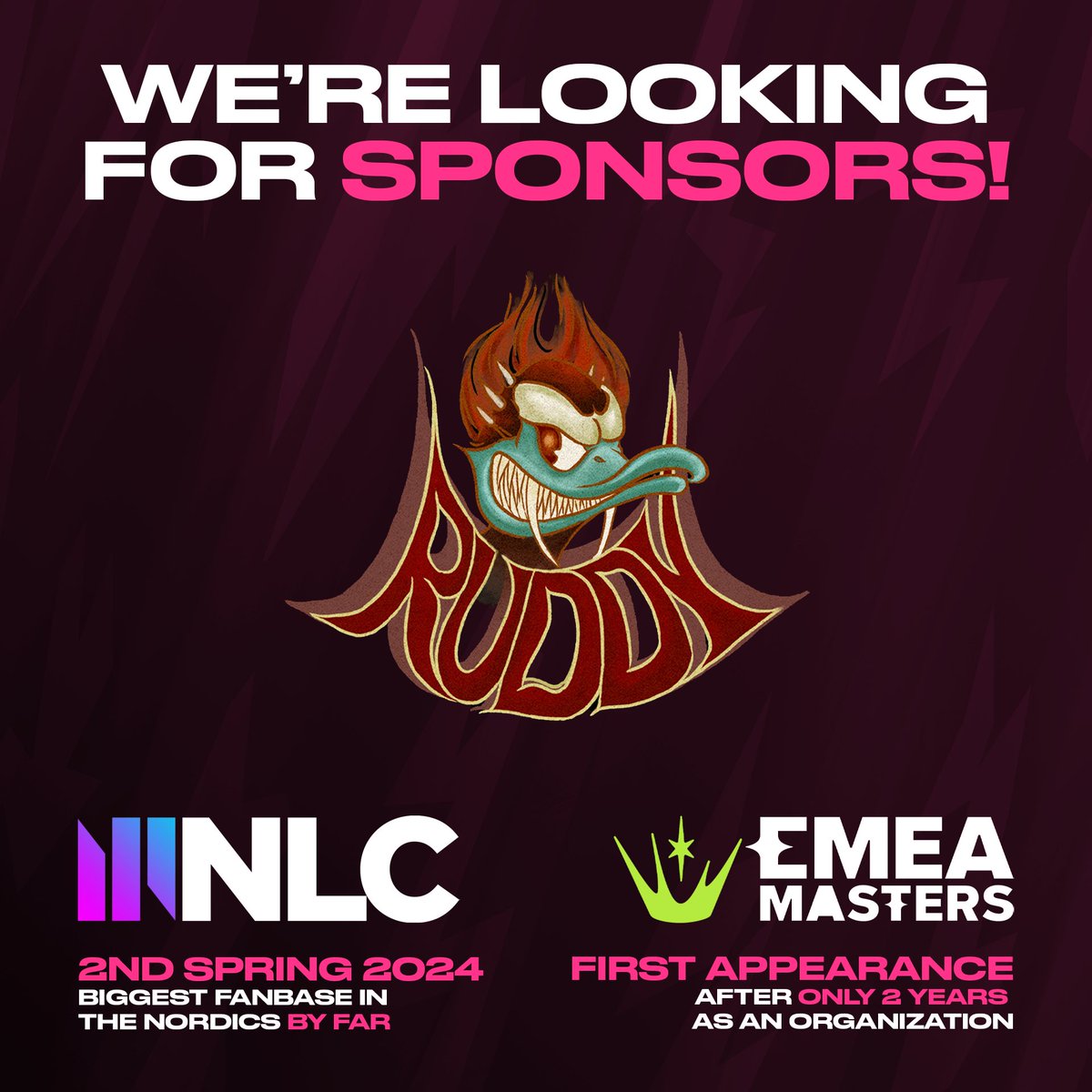 Ruddy Esports has been a largely self-funded operation till this point. However, we now feel as if we’ve scaled enough to be actively seeking sponsorship for this EMEA masters and the foreseeable future. Contact Harry@ruddy.gg RTs appreciated! #SAVENLC