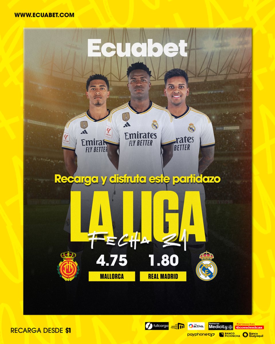 🇪🇸 ¡EL FAVORITO A ESCENA! 🏆 El REAL MADRID quiere dar el gran salto para conseguir #LaLiga y hoy ante MALLORCA conseguir los tres puntos es empezar a acariciar la gloria. 📲 ¿Ya recargaste para jugar en ecuabet.com? ¿Qué esperas?