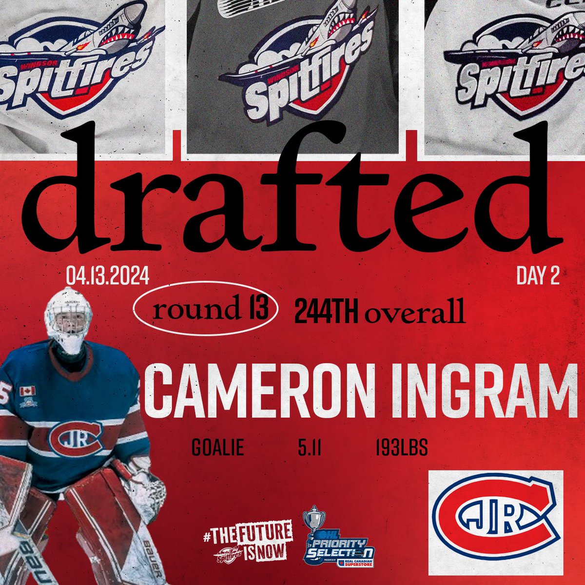 With the 244th overall pick in the 2024 OHL Priority Selection, the Windsor Spitfires are proud to select Cameron Ingram from the Toronto Jr Canadiens team! #WindsorSpitfires #OHLDraft