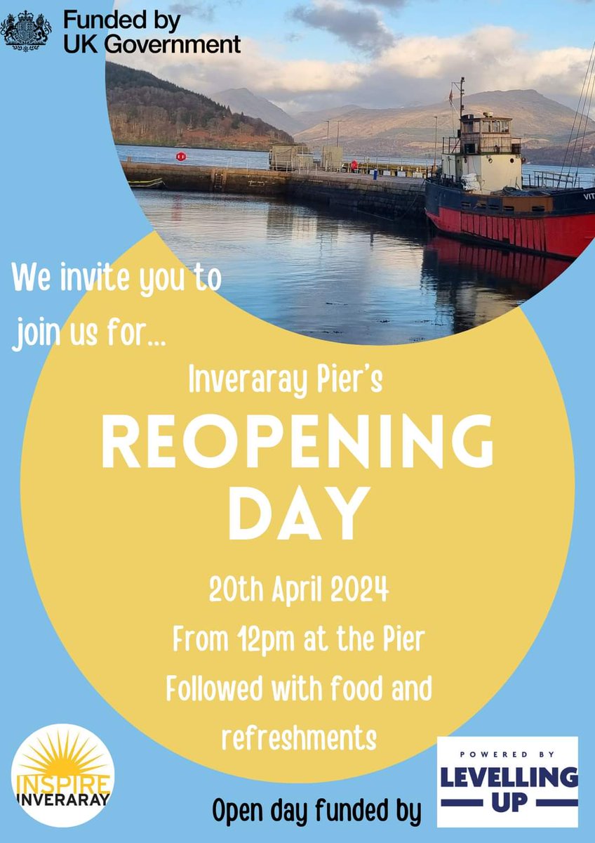 INVERARAY PIER REOPENING DAY - 20th OF APRIL

We invite you to join us on the 20th of April from 12pm at the newly restored pier.

#inveraraypier #westcoastofscotland #inspireinveraray#argyll #ArgyllandBute #scotlandboating

Open Day funded by #levellingup #FundedByUKGovernment