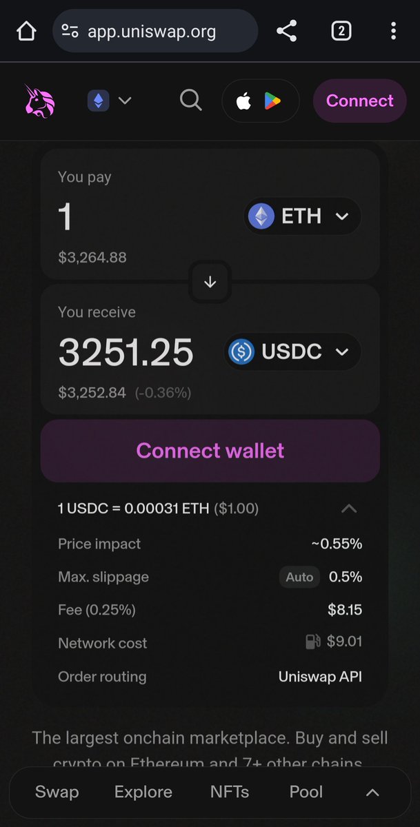 The 0.25% fee is the LP fee or the frontend fee? All fees should be made clearer, IMO. Also, 0.55% price impact for a 1 eth swap? Damn.