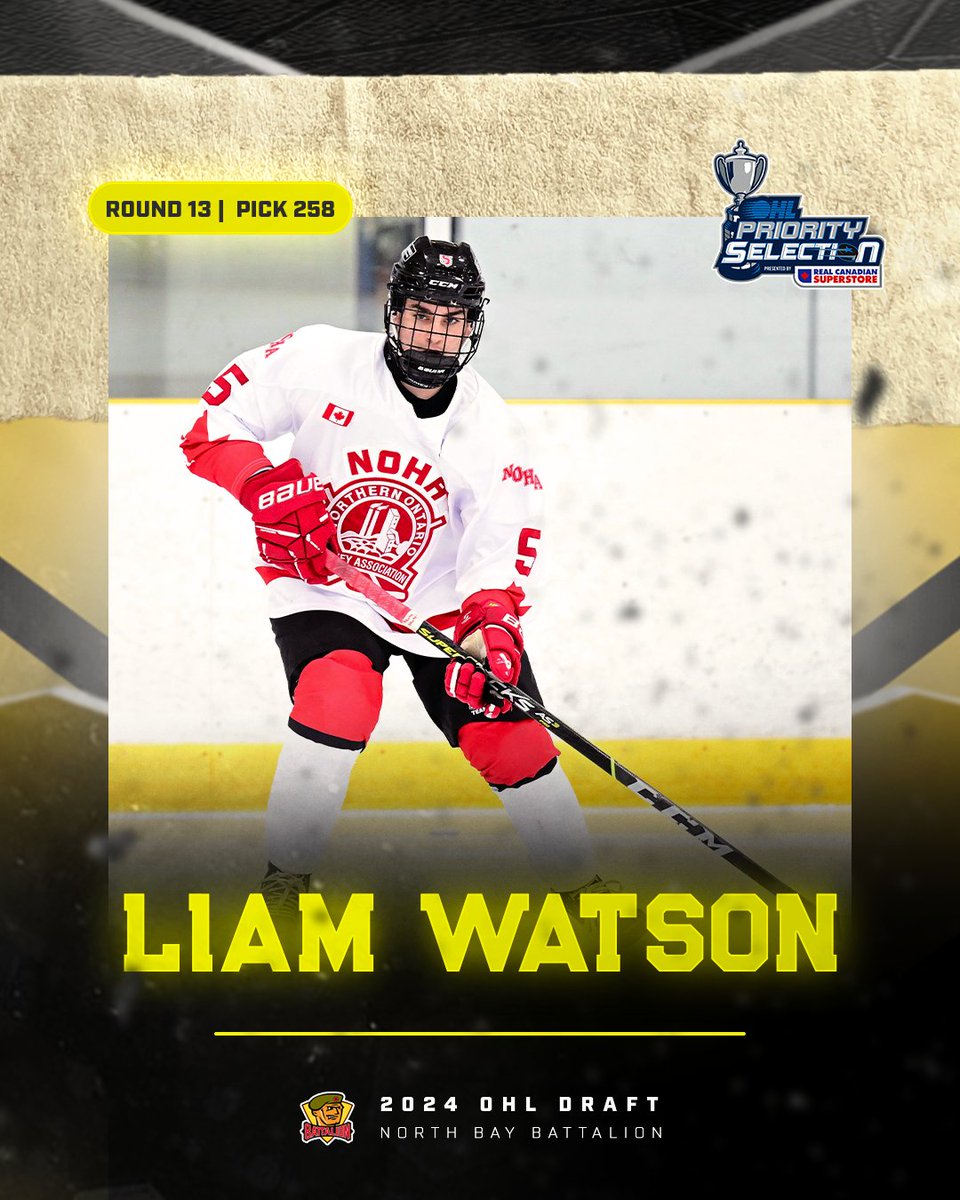 With the 258th pick in the 2024 #OHLDraft, the North Bay Battalion select Liam Watson.

#GoTroopsGo