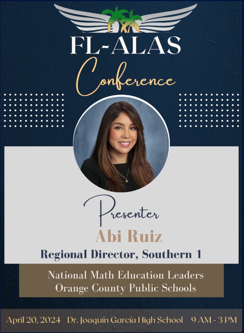 Looking forward to our 12th annual @Florida_ALAS Statewide Conference on Sat. April 20th @DrGarciaHS in @pbcsd. Join us to hear from @abiruiz, Southern 1 Regional Director for the National @MathEdLeaders. We invite you to review our program &register here: sites.google.com/view/flalascon…