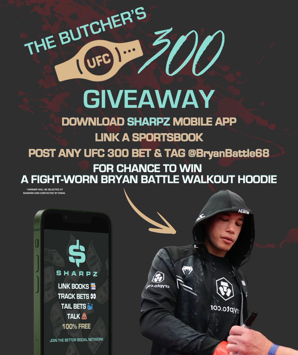 In honor of UFC 300 we partnered with our guy/future Champ @BryanBattle10 for a 🔥 giveaway! Post any #UFC300 bet in the app, tag BryanBattle68, and you can win one of The Butcher’s fight-worn walk-out hoodies 👀👀