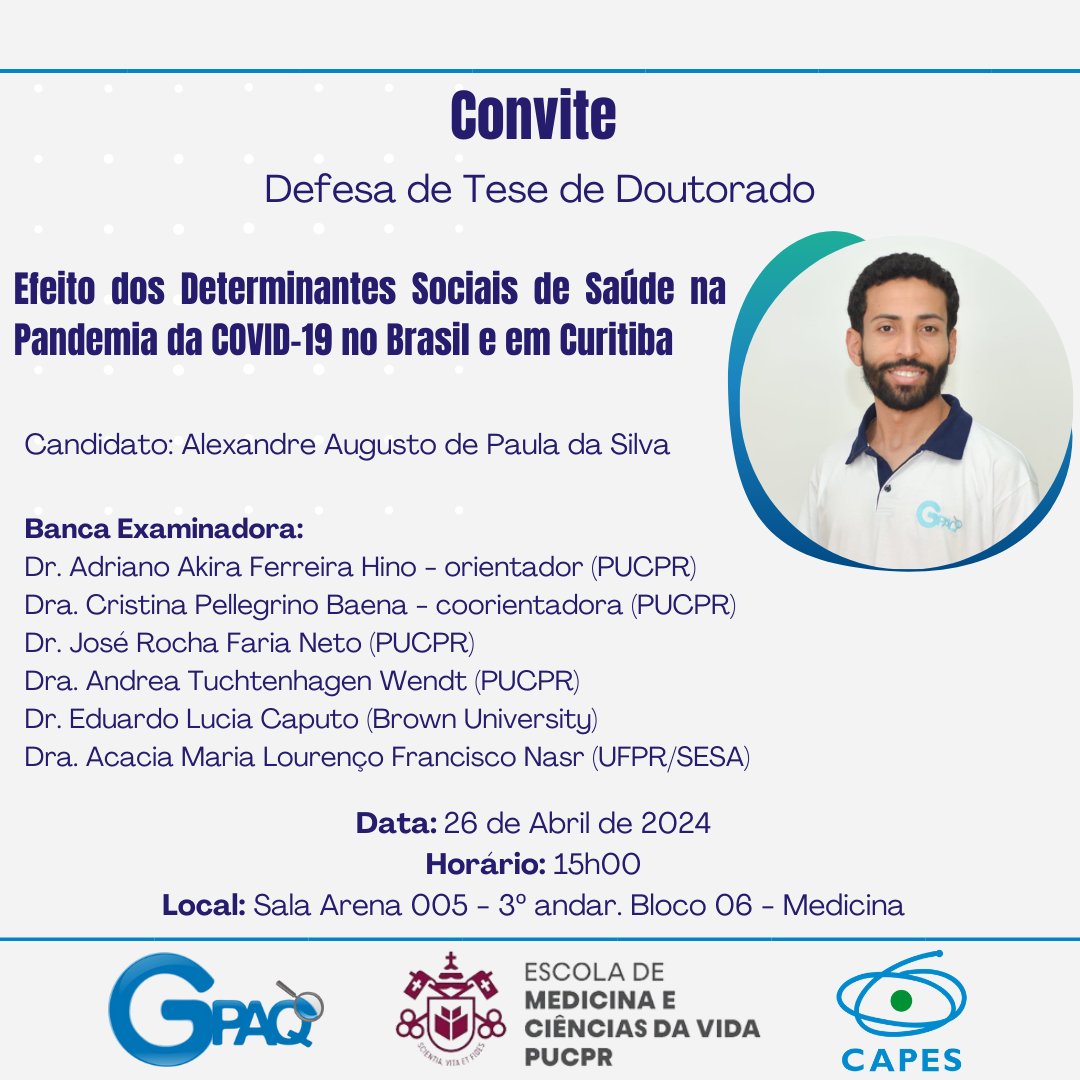 GPAQresearch's tweet photo. No dia 26/04, às 15h, ocorrerá a defesa pública da tese do doutorando @Xandi_03, orientado pelo @AkiraHinoGPAQ, pelo PPGCS da PUCPR.

A tese intitulada "Efeito dos Determinantes Sociais de Saúde na Pandemia da COVID-19 no Brasil e em Curitiba". https://t.co/1hyQJ7nqDg