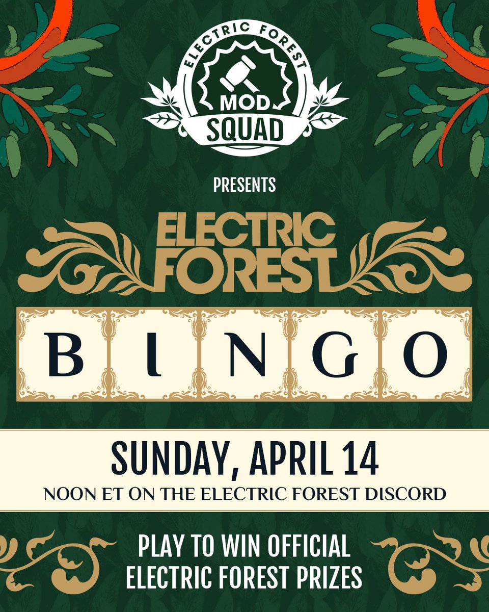 Mod Squad presents Electric Forest Bingo, tomorrow at Noon Eastern. discord.com/invite/electri…
