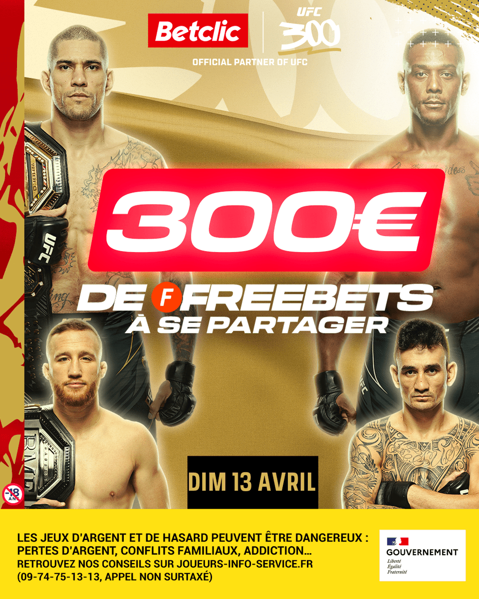 Betclic's tweet photo. Prêts à vivre cette soirée unique sur Betclic ? 🔥

Qui dit UFC 300... dit forcément 300€ de Freebets à se partager 🤯

RT + #BETCLICxUFC pour participer 🤝 https://t.co/7tD0Rvh7Vi