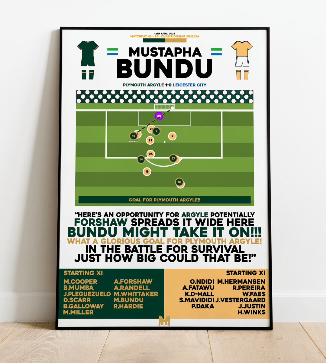 🚨NEW DROP🚨 Due to popular demand, we're proud to release a Framed Print to make any Plymouth Argyle Fan Happy!🟢⚪️ Mustapha Bundu v Leicester City🇸🇱 CODE: ‘ARGYLE' for 15% OFF All PAFC Items✅ ➡️mezzaladesigns.co.uk/collections/pl… #PAFC #Argyle