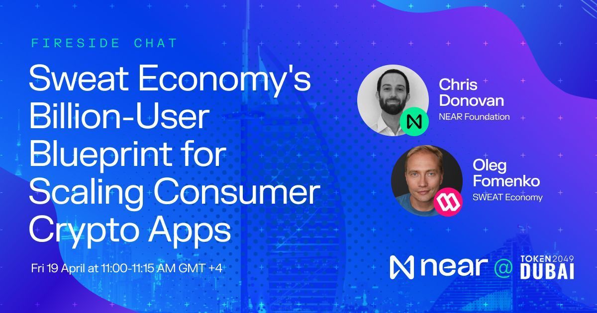 SweatEconomy's tweet photo. Dubai, get ready!

@oleg_fem is chatting with @ChrisDoNEARvan at #Token2049Dubai about Sweat Economy's Billion-User Blueprint soon.

Drop a 👋  if you'll be there in person and some 👀 if you're waiting for the online recap! https://t.co/T6J6CeXhCb