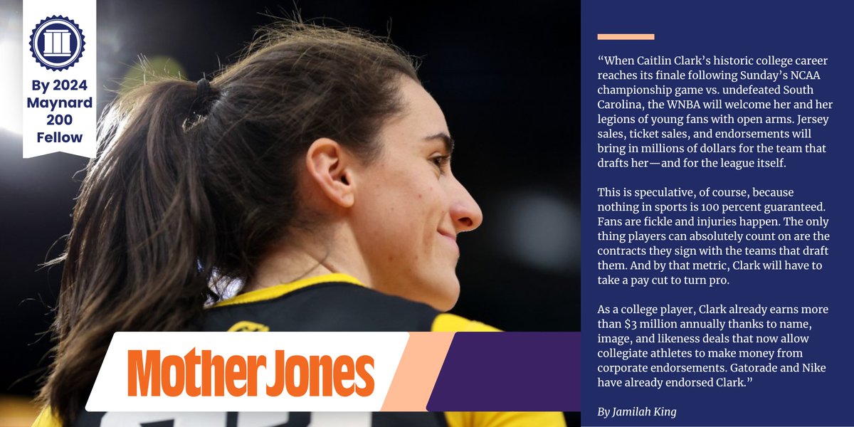 For @MotherJones, 2024 #Maynard200 fellow Jamilah King (@jamilahking) covered college basketball phenom Caitlin Clark and the continued pay disparities between the WNBA and the NBA. Will CBA renegotiations allow WNBA players shares of revenue? Read more: motherjones.com/politics/2024/…