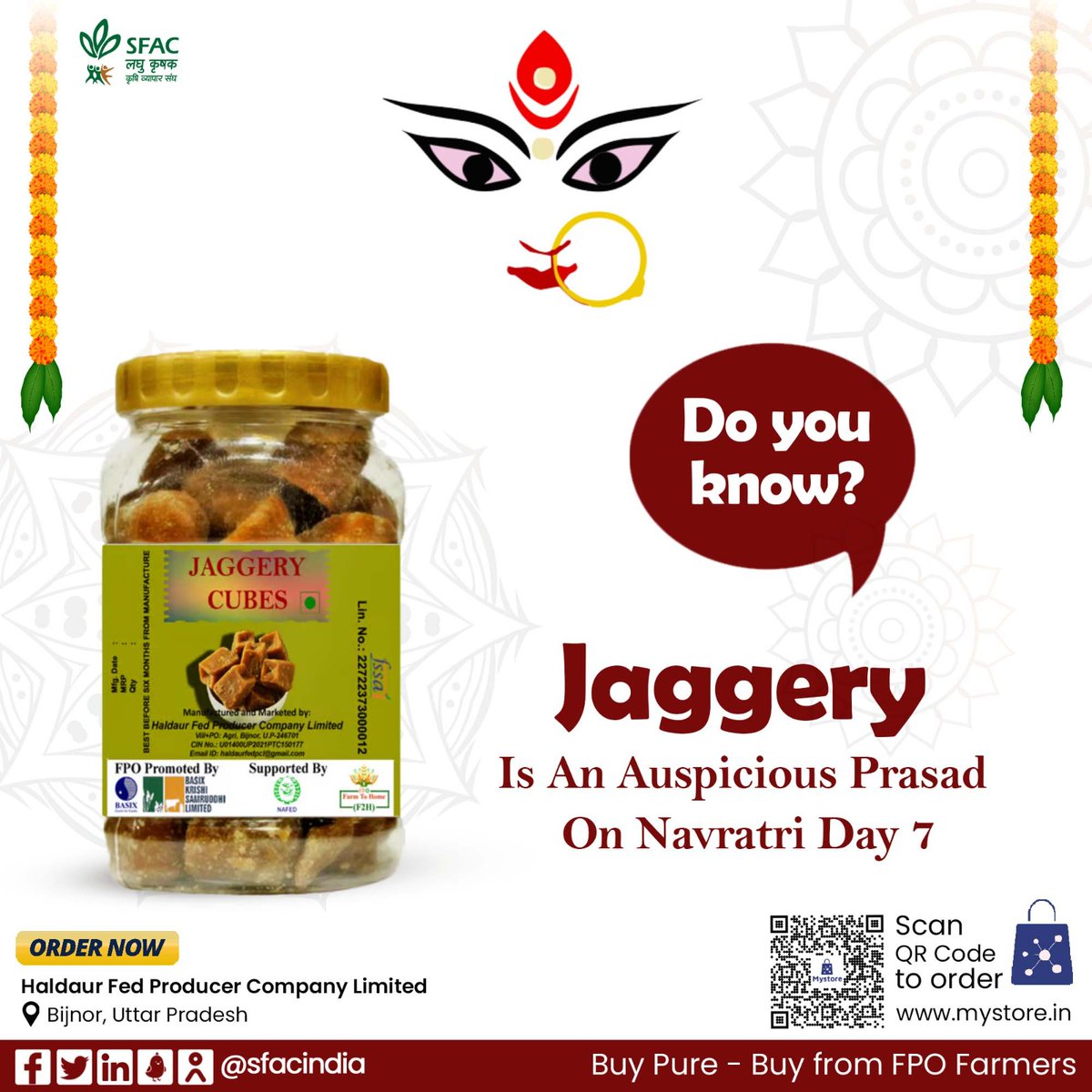 The day 7 of Navratri is to worship Devi Kalaratri. Offering Mata pure jaggery on this auspicious day evokes positive energy. Buy from FPO farmers at👇 mystore.in/en/product/pur… 🪷 @AgriGoI @ONDC_Official @ShriVishwanath @ShriRamTeerth @SSSTShirdi #Navratri2024 #ChaitraNavratri