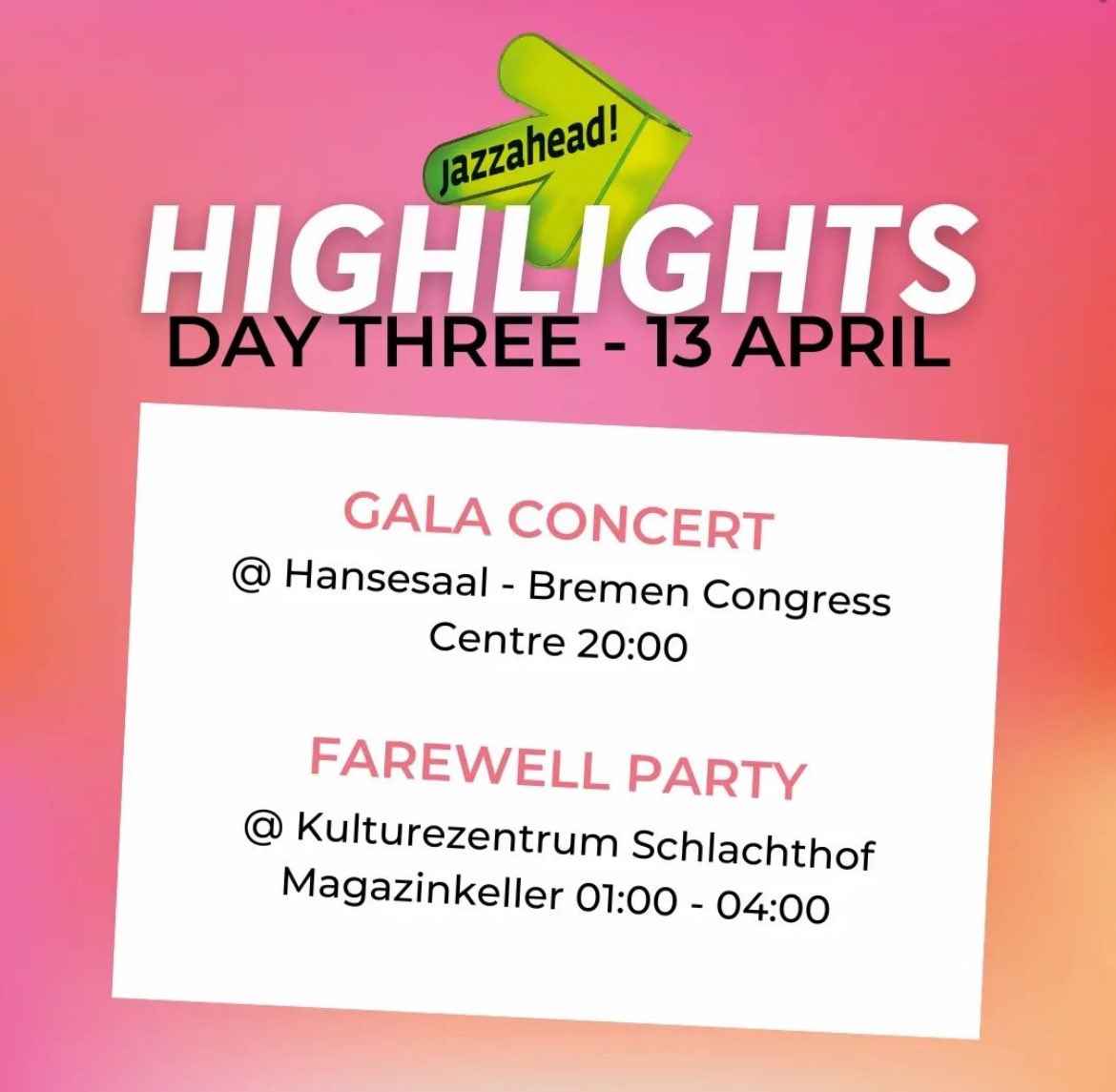 Day 3 of jazzahead! You definitely don't want to miss out the amazing Gala Concert at Bremen Congress Center with @maitehontele @ramonvallemusic @ronaldsuriname and the Dutch youth jazz orchestra NJJO. And after that... LET'S PARTY Se #jazzahead #jazzahead2024 #jazzaheadfestival.