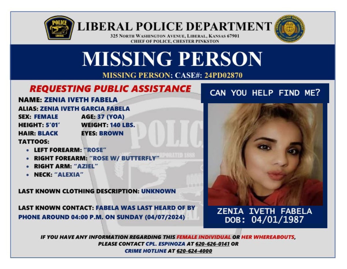 AnnetteLawless's tweet photo. Please #Repost this @MissingInKansas: @LiberalKSPolice is asking for the community's help w/finding Zenia Iveth Garcia Fabela -- last heard from Sunday. https://t.co/Is6YRj9PUo #MissingInKS #KAKENews @ThejusticeDept @netflix @hulu @discoveryplus @aetv @CondeNast @iHeartRadio @hbo https://t.co/fSKOSvS52a