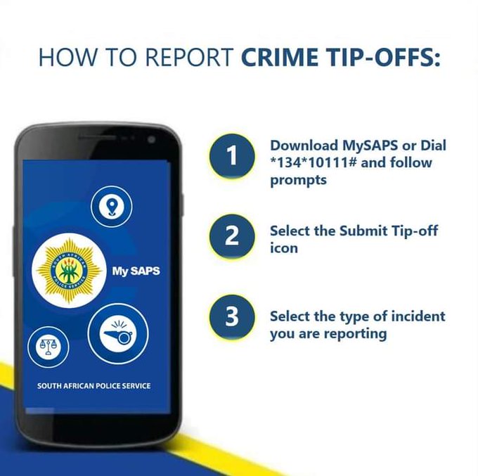 SAPoliceService's tweet photo. #sapsHINT #TipOffs ~ Report crime #TipOffs by using the #MySAPSApp or by calling #CrimeStop on 08600 10111. #LESM #EyesAndEars #CommunityPolicing ME
https://t.co/KJiNfuHr8k https://t.co/SBS26i2KSy