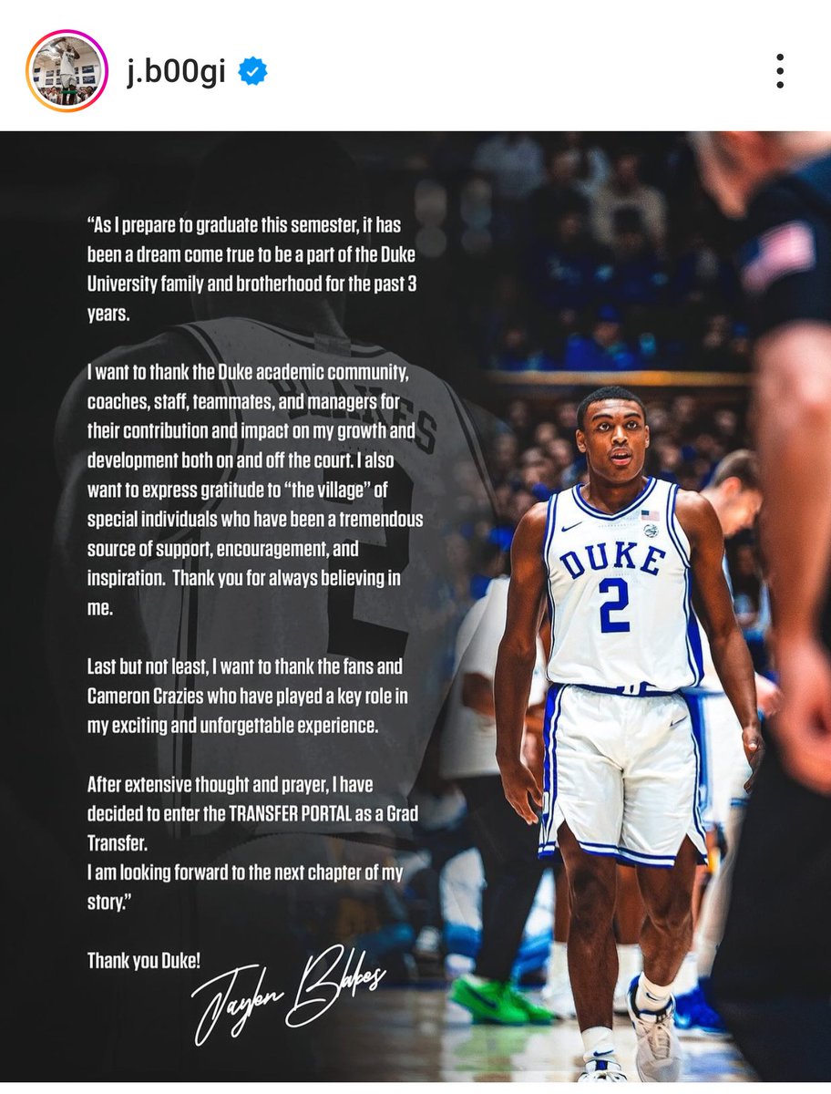 Jaylen Blakes has announced via Instagram that he's entering the transfer portal. Spent the last three seasons at Duke.