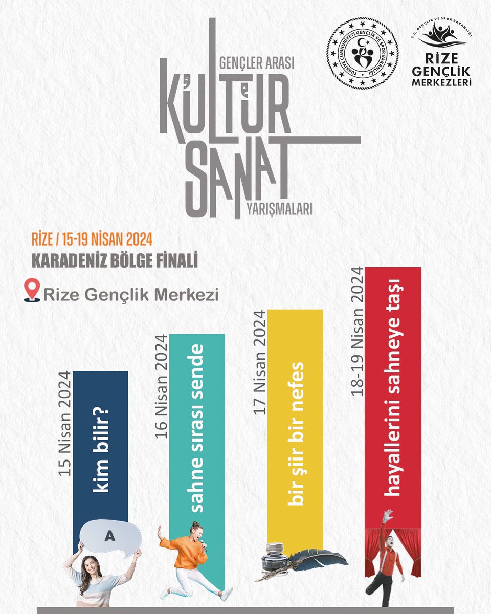 Gençler Arası Kültür Sanat Yarışmaları Karadeniz Bölge Finalleri 15-19 Nisan 2024 tarihleri arasında saat 10.00’da Rize Gençlik Merkezimizin ev sahipliğinde gerçekleştirilecektir. Tüm halkımız davetlidir.