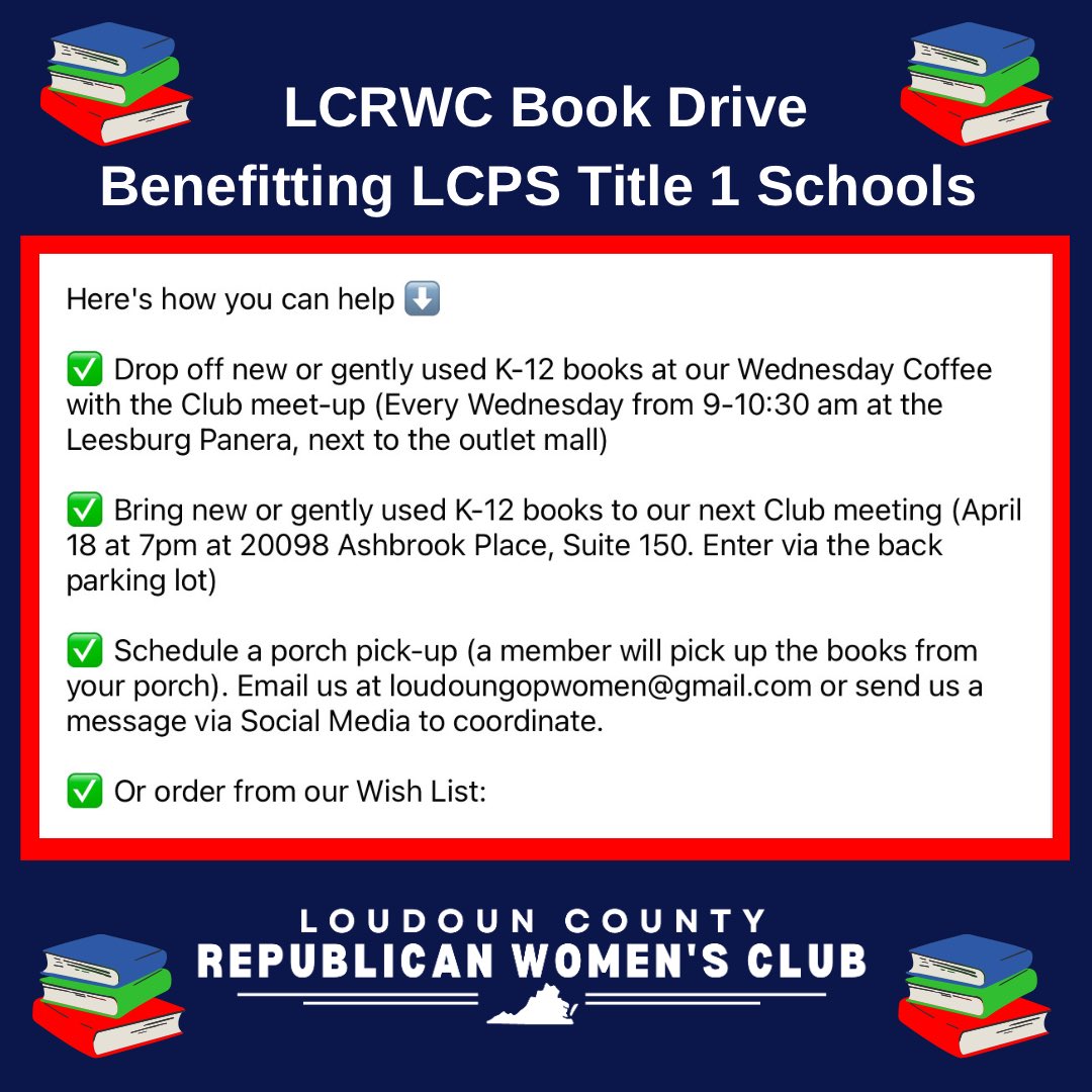 📚 We are proud to support #LCPS Title 1 Schools! 

📚 Learn how you can help via the graphic below. 

📚 Amazon Wish list ⬇️

amazon.com/hz/wishlist/ls…

#Loudoun #RepublicanWomenLead #BeTheDifference #BookDrive