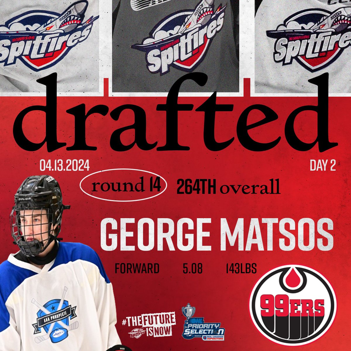 With the 264th overall pick in the 2024 OHL Priority Selection, the Windsor Spitfires are proud to select George Matsos from the Brantford 99ers team! #WindsorSpitfires #OHLDraft