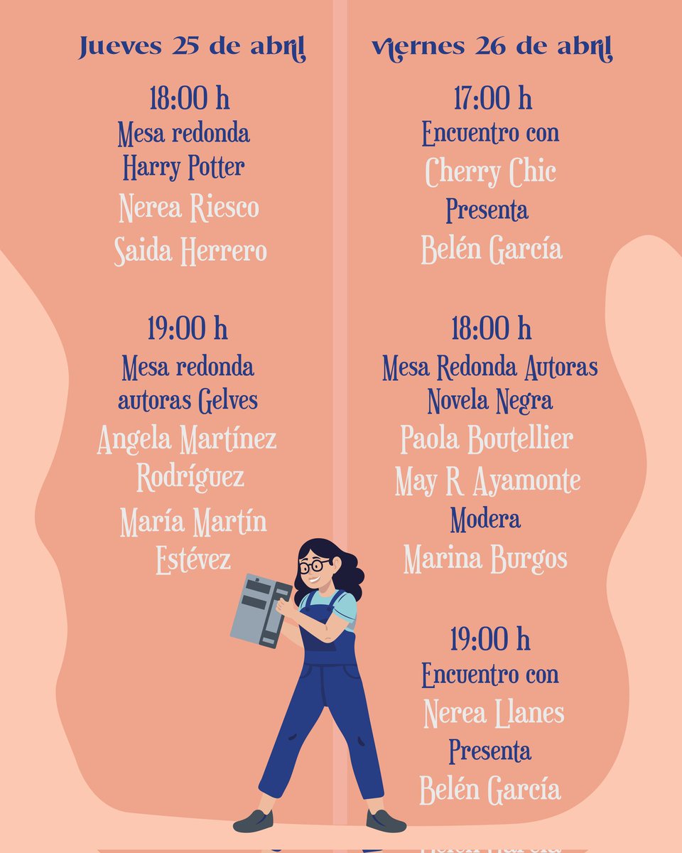 Susana Quirós (@unadevoralibros) on Twitter photo <a href="/Ana_de_Haro/">Ana de Haro🖋️📚</a> <a href="/LaraLox_/">Lara Lox</a> <a href="/MariaJoseVicen/">María José Vicente</a> <a href="/nereariesco/">Nerea Riesco</a> <a href="/saiherrero/">Saida / Herrero</a> Viernes 26 de abril:
17:00 Encuentro con <a href="/Cherrychic_/">Cherry Chic</a> 
18:00 Mesa redonda autoras de  novela negra con <a href="/PaolaBoutellier/">Paola Boutellier ♕🌸🌼</a> y <a href="/MayRAyamonte/">May R. Ayamonte</a> 
19:00 Encuentro con Nerea Llanes <a href="/Ana_de_Haro/">Ana de Haro🖋️📚</a> <a href="/LaraLox_/">Lara Lox</a> <a href="/MariaJoseVicen/">María José Vicente</a> <a href="/nereariesco/">Nerea Riesco</a> <a href="/saiherrero/">Saida / Herrero</a> Viernes 26 de abril:
17:00 Encuentro con <a href="/Cherrychic_/">Cherry Chic</a> 
18:00 Mesa redonda autoras de  novela negra con <a href="/PaolaBoutellier/">Paola Boutellier ♕🌸🌼</a> y <a href="/MayRAyamonte/">May R. Ayamonte</a> 
19:00 Encuentro con Nerea Llanes