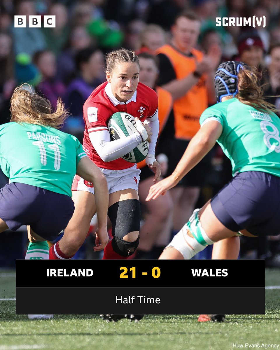 BBCScrumV's tweet photo. HT!

A tough half for Wales 🏉

🟢 Ireland 21-0 Wales 🔴

Watch live on @BBCiPlayer &amp; @BBCSport website and app 📲

Listen to commentary on @BBCRadioWales &amp; @BBCRadioCymru 📻

#BBCRugby #SixNations https://t.co/ROi1wyvULf