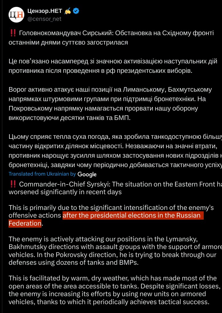 alopeki's tweet photo. Previously, they told us that Ukraine was losing due to Russia ramping up its war efforts for the upcoming elections. 
Now they believe Ukraine is losing because the elections in Russia have concluded.
#go_figure 
#UA_media https://t.co/aYrsQ9tKb4