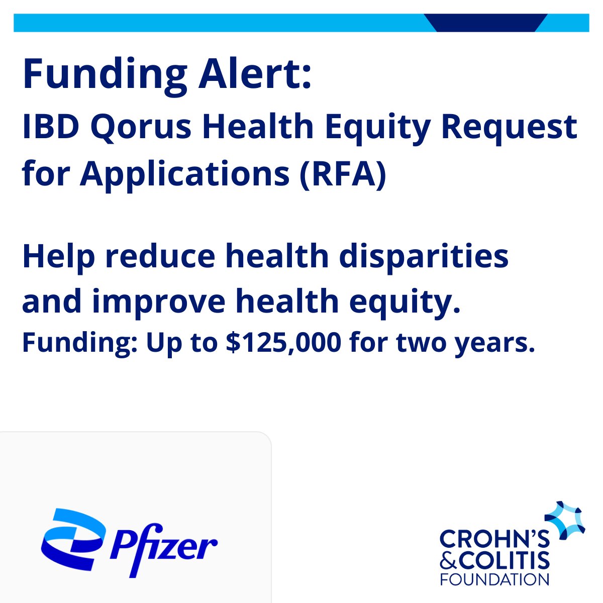 Attention US IBD centers! Apply for our RFA with @pfizer to reduce health disparities among diverse IBD patients. Receive up to $125k for 2 years. 4-5 centers will be chosen to enhance access to quality care. Download RFA: bit.ly/3vGwBUm