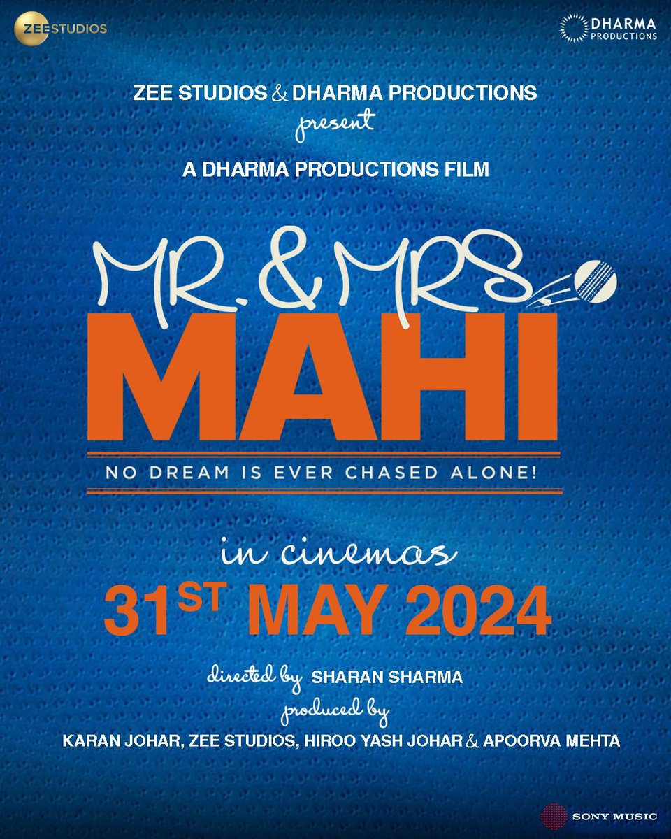 RAJKUMMAR RAO - JANHVI KAPOOR: ‘MR AND MRS MAHI’ ON 31 MAY 2024... The #GunjanSaxena team - director #SharanSharma and #JanhviKapoor - reunite for #MrAndMrsMahi with #RajkummarRao... In *cinemas* 31 May 2024. Produced by #KaranJohar, #ZeeStudios, #HirooYashJohar and…