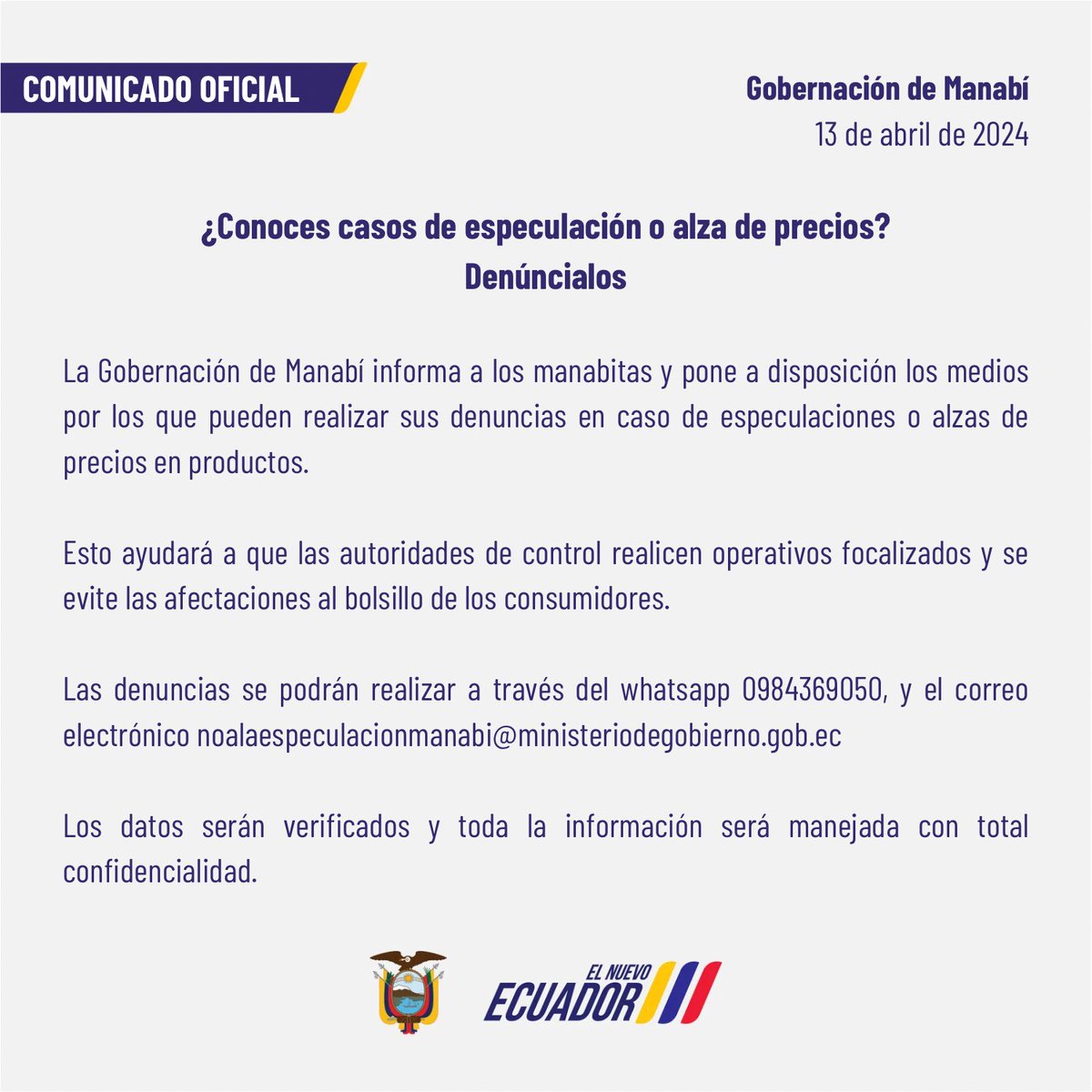 GoberManabi's tweet photo. Comunicado oficial 📄

#ElNuevoEcuador https://t.co/TugV3k0cZy