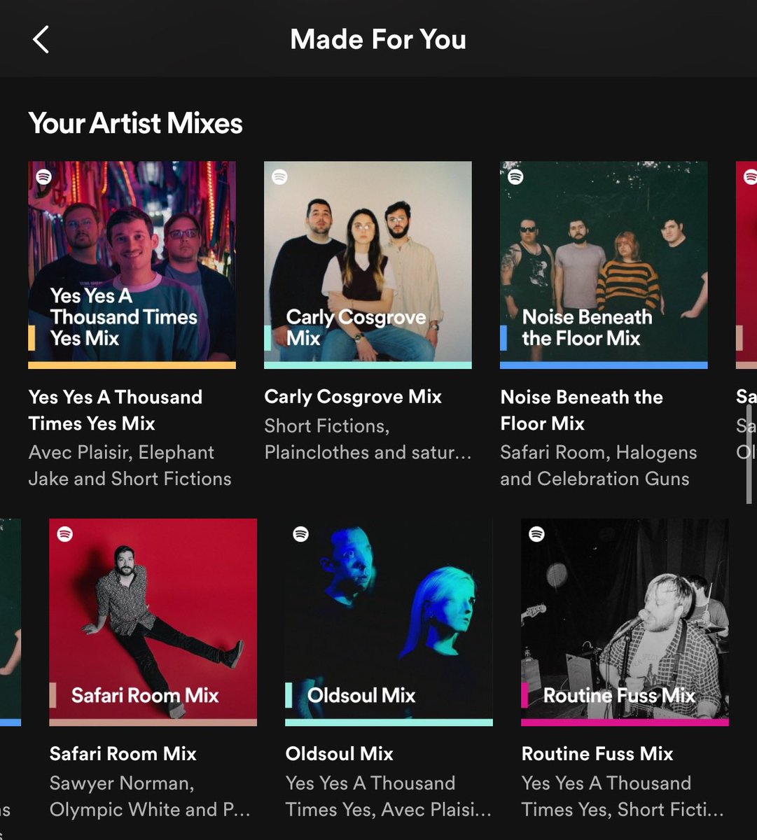 What are your highlighted artist mixes on Spotify today? Mine are very unsurprising:

Yes Yes a Thousand Times Yes
Carly Cosgrove
Noise Beneath the Floor
Safari Room
Oldsoul
Routine Fuss