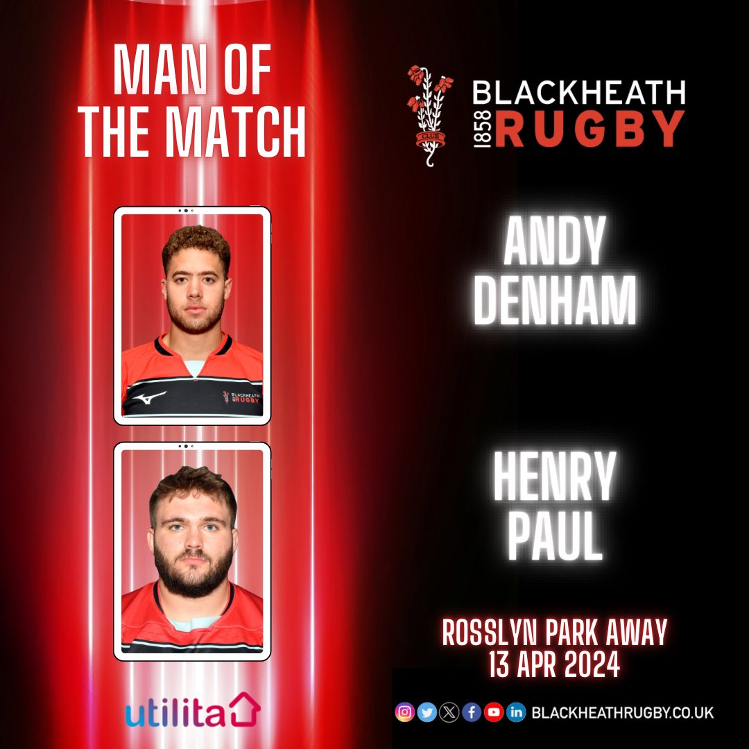 Congratulations to Andy Denham and Henry Paul who share the Blackheath Rugby ‘Man of the Match’ award today, for the game against Rosslyn Park. #blackheathrugby #blackheathfc #club #blackheath #greenwich #eltham #nat1 #clubmanofthematch