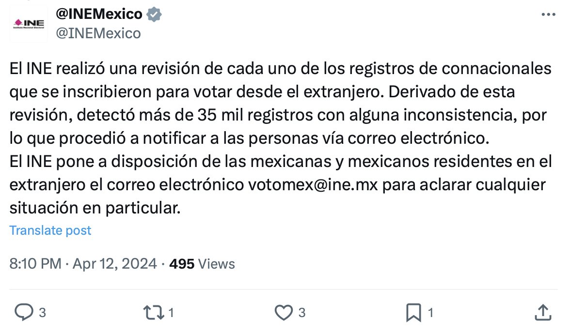 SofSanchez's tweet photo. @INEMexico Aquí el tweet original del @INEMexico al que yo estaba respondiendo (y ya borraron) donde decía que eran 35 mil registros. El nuevo tweet trae otro email voto.extranjero@ine.mx y más números de teléfono. https://t.co/pOS28XFGyx