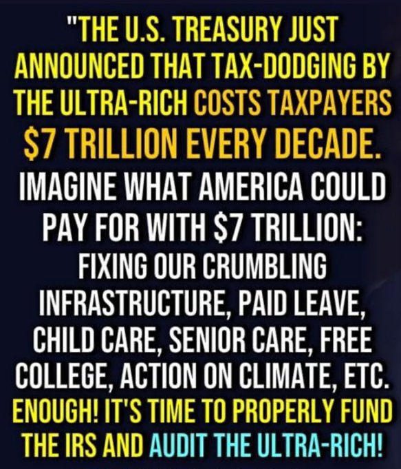 “The US Treasury just announced that Tax Dodging – by the Ultra-Rich – Cost Taxpayers $7 Trillion Every Decade! Imagine what America could Pay for – With $7 Trillion: Fixing our Crumbling Infrastructure – Paid Leave – Childcare – Senior Care – Free College – Action on Climate –…