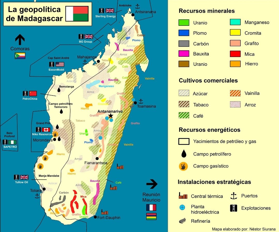 🇲🇬💥 Madagascar es el país más pobre del mundo, pero a su vez es un país con grandes recursos naturales. 👇🏽📈 Aquí os traigo un mapa mío dónde podemos comprobar su importancia geopolítica, estratégica y su riqueza en recursos naturales.