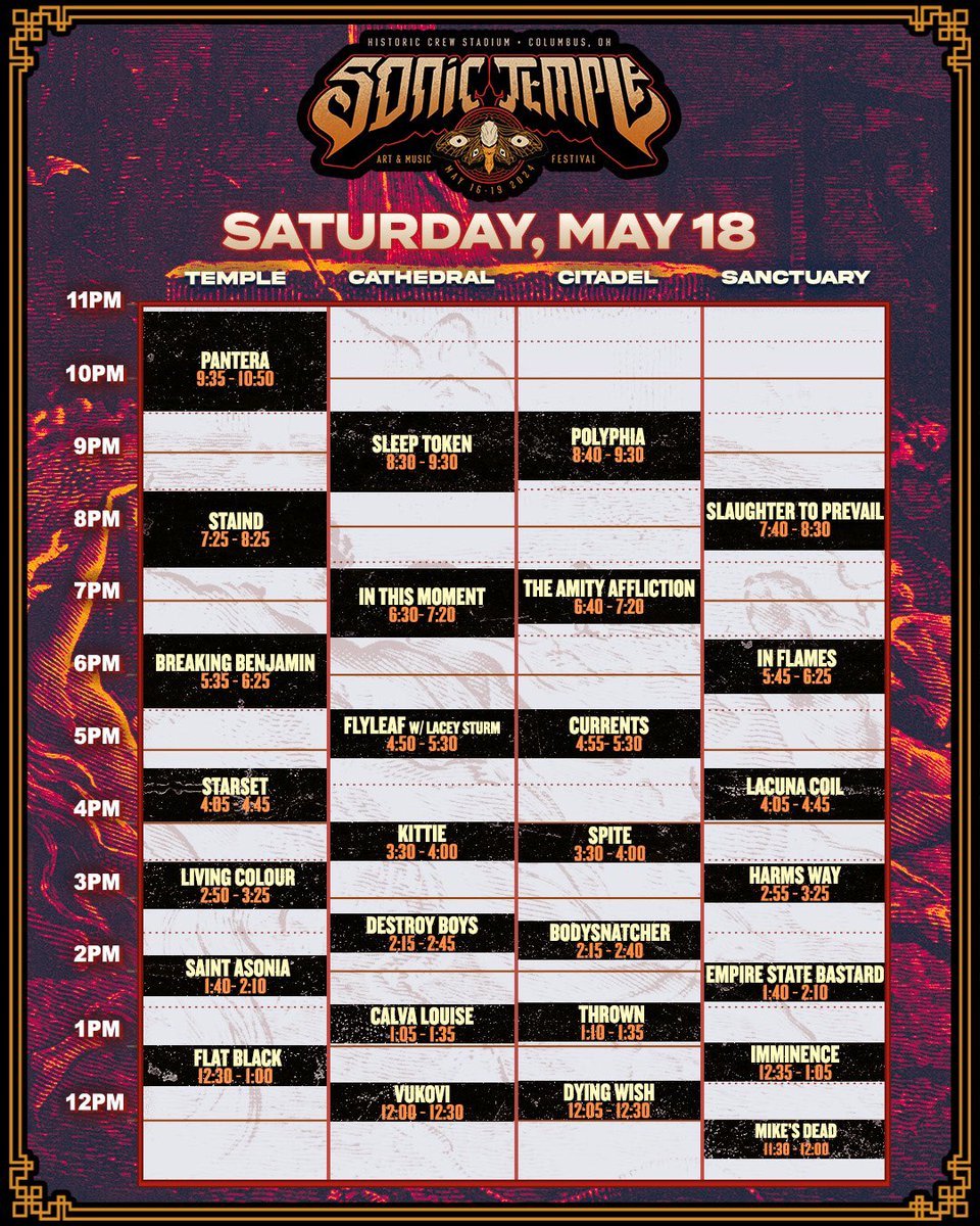 Gear up for a killer Saturday at Sonic Temple! The lineup is stacked with legendary acts like @Pantera, @staind, @breakingbenj, @Sleep_Token, and MANY more! Make sure to download the Sonic Temple mobile app, powered by @lyteup, dropping next week! Who’s your must-see Saturday