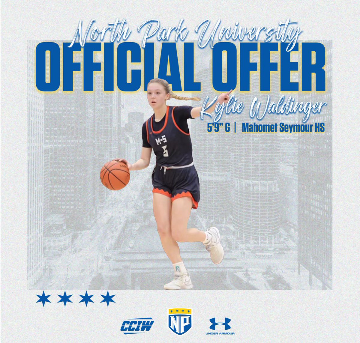 After a great morning touring faculties and talking with coaches, I am so grateful to receive an official offer from North Park! 💙💛 @NPU_womenshoops Thank you!!!  @AnnieShain
