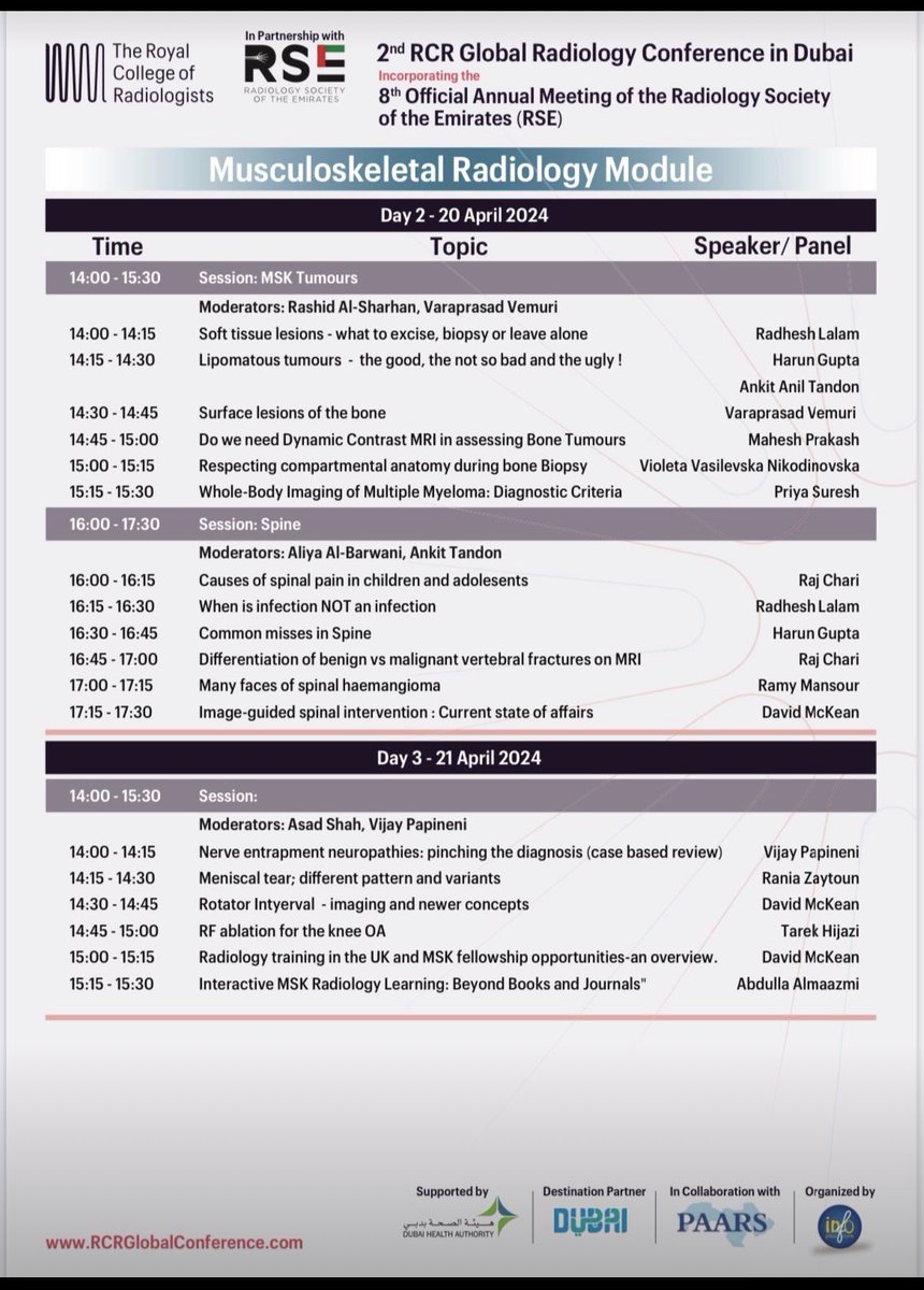 Delighted to be speaking at the RCR 2nd Global Radiology Conference Dubai 2024

I’ll be talking on “Image-guided Spinal Intervention”, “Rotator Interval - Imaging & newer concepts” & “UK Radiology MSK Fellowships”

I hope you can join us: bit.ly/4asWzti  

#RCRDubai