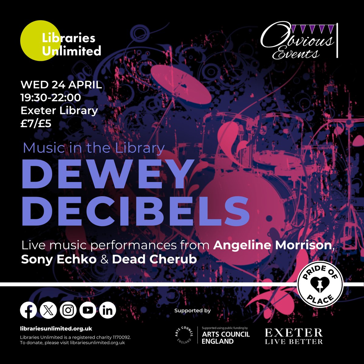 Dewey Decibels, a night of new and eclectic music @ExeterLibrary! The evening will feature sets from folk artist Angeline Morrison, ethereal R&B artist SonyEchko and local indie rock pop band Dead Cherub. Tickets bit.ly/3xCvC8c #MusicInTheLibrary #LibrariesUnlimited